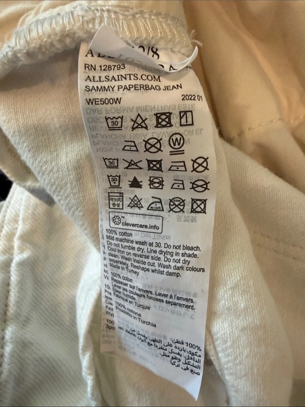 All Saints sz 8 High-Waist Paperbag Tie-Waist Pants Jean— White cinch good cond